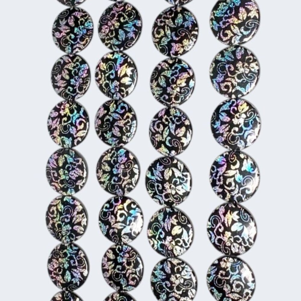 Black Iridescent Floral Coin Beads Acrylic Disc Glitter Silver Foil Holographic